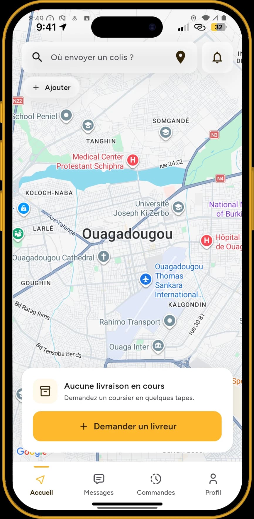 Écran client de l'application Allô Youri : carte de Ouagadougou et bouton pour demander un livreur