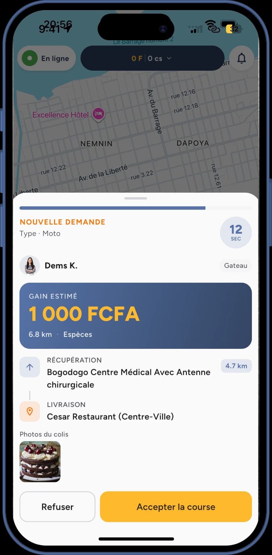 Écran livreur de l'application Allô Youri : nouvelle demande de course avec le gain estimé