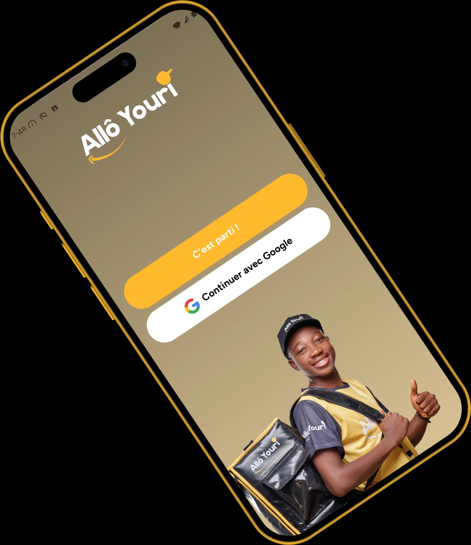 Écran de connexion de l'application Allô Youri, tenu par un coursier