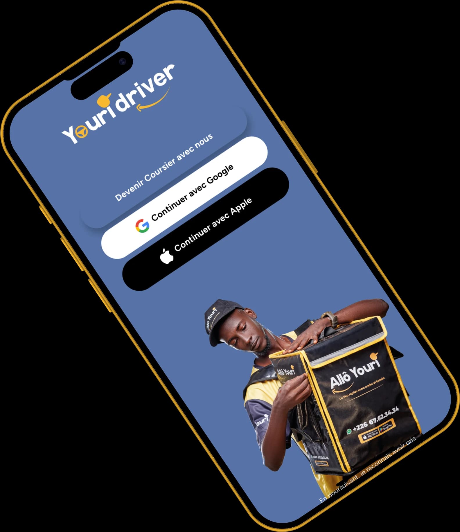 Écran de connexion de l'application Youri Driver