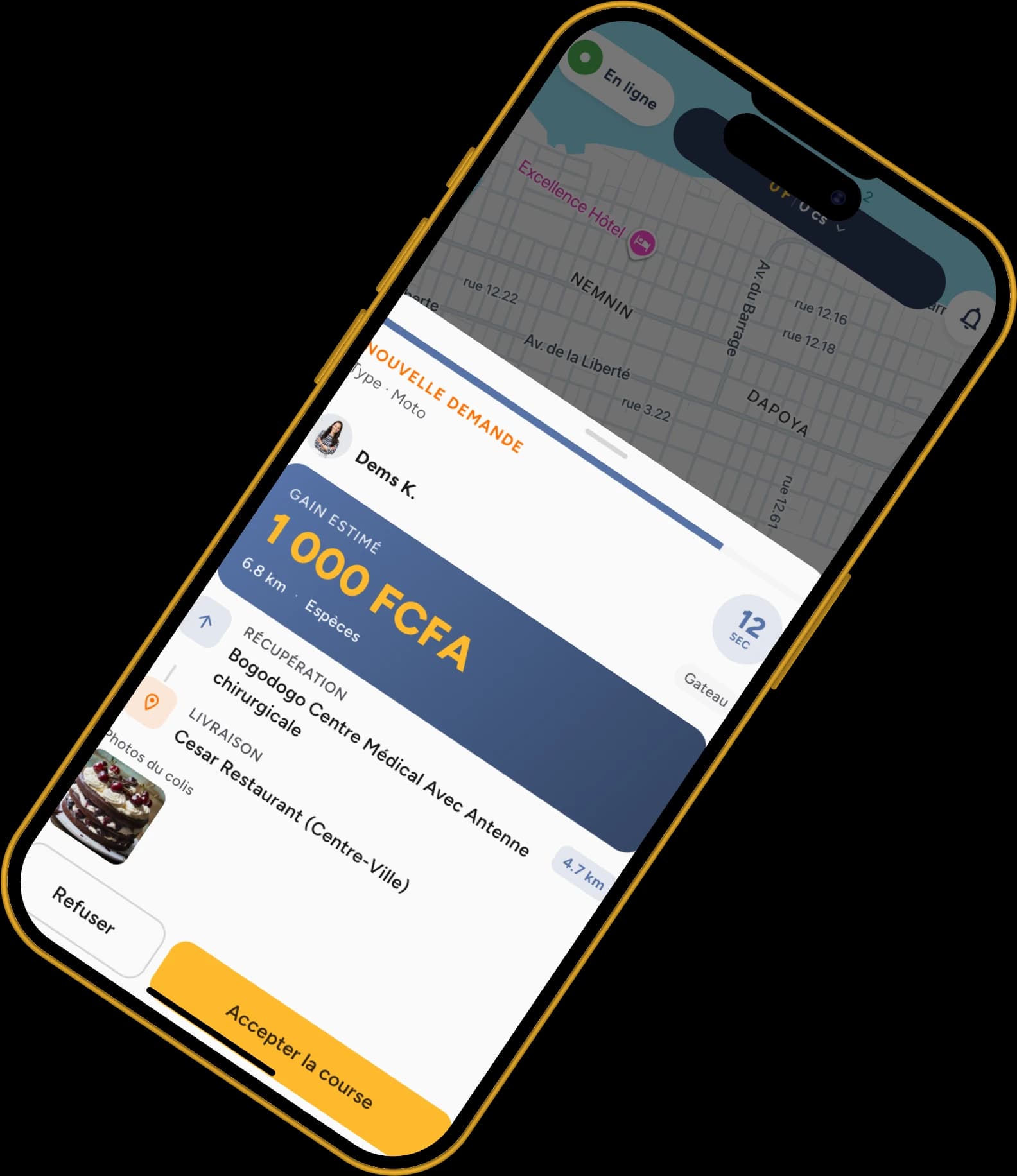 Nouvelle demande de course avec le gain estimé